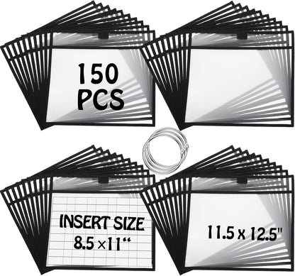 Teling 150 Pcs Dry Erase Pockets Bulk Reusable Job Ticket Holders Clear Plastic Sleeve Protector Work Order Sleeve Shop Ticket Holder for Welcome Teacher Back Office Supplies(11.5 x 12.5'',Black)