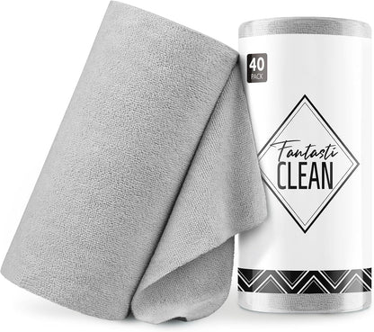 Fantasticlean Microfiber Cleaning Cloth Roll -40 Pack, Tear Away Microfiber Towels, 12" x 12", Reusable, Washable, Scratch Free, Ultra Absorbent Dish Rags for Car, Home, Garage or Shop (Grey)