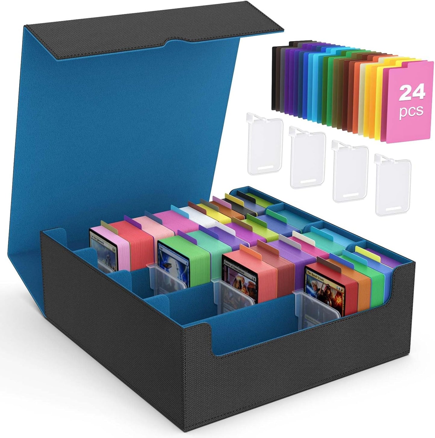 MoKo Trading Card Storage Box, 3000+ MTG Deck Box with 24 Colorful Dividers & 4 Card Supporters, Commander Card Deck Case Fits for Magic Game Cards, YugiOh, TCG, PTG and Sport Cards, Cyan