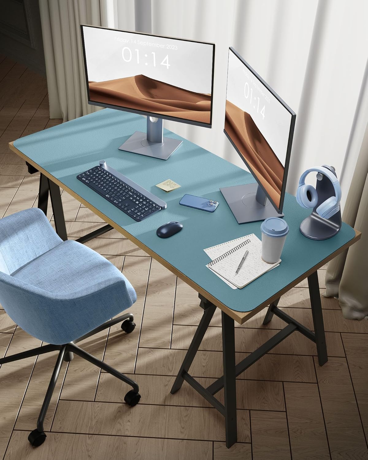 YSAGi Leather Desk Protector, Office Mat, Large Mouse Mat, Non-Slip PU Leather Blotter, Laptop Pad, Waterproof Writing Pad for Office and Home (Ice Blue, 47.2" x 23.6")