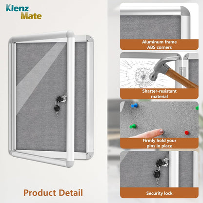 20"x14" Enclosed Bulletin Board Tamper-Proof Dispaly Case,Grey Fabric&Aluminium Frame,Shatter Resistant Lockable Bulletin Board with Clear Acrylic Door for School,Office,Mall,Community,Hospital,Church