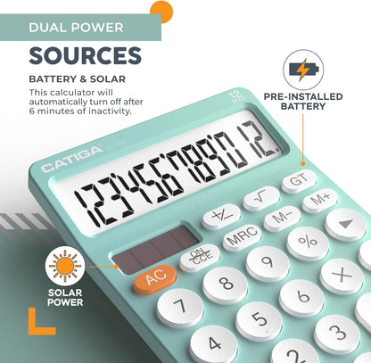 CATIGA 12 Digit Desktop Calculator Basic Desk Calculator with Large LCD Display, Big Buttons, 4 Function, Solar and Battery Dual Power, for Office, School, Home, SD-1292 Fresh Blue