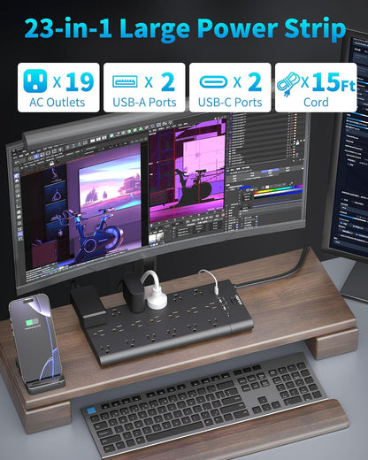 Surge Protector Power Strip with 19 Outlets and 4 USB Ports, HOPOW 15 Ft Flat Plug Heavy Duty Extension Cord, 1875W, 2100J Surge Protection, Wall Mount for Home, Office, Gaming Room, Dorm, Black