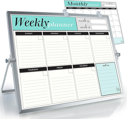 Dry Erase White Board for Desktop & Wall 12"x16" with 2 Magnetic Removable Planners - Weekly & Monthly to Do List Board with Stand, 6 Markers Eraser & Wall Hangers - Portable Double Sided Magnetic