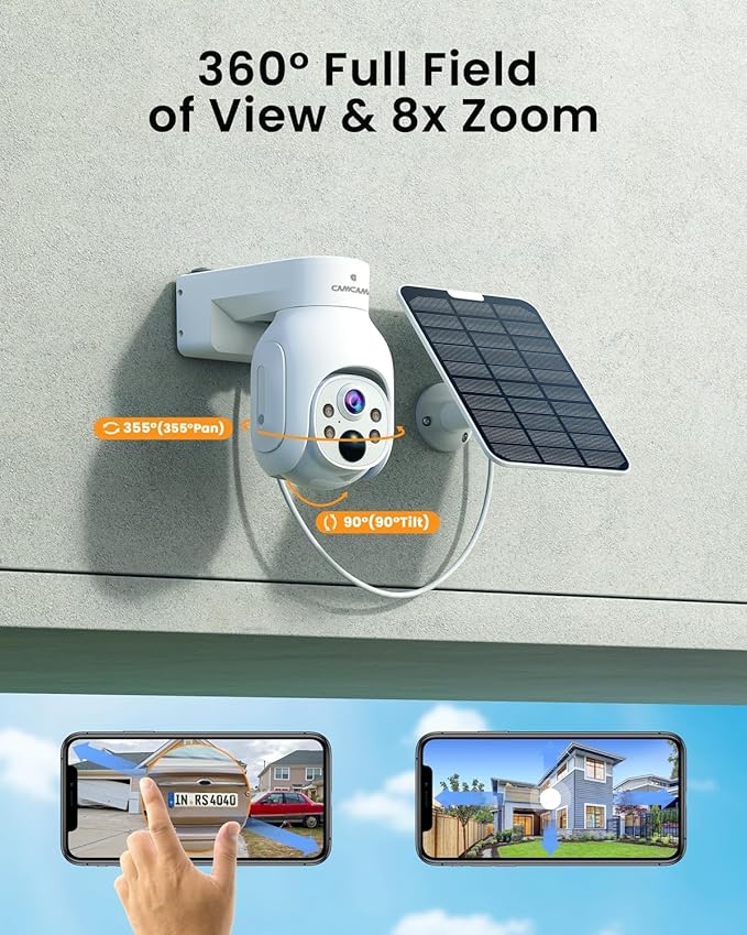 CAMCAMP Wireless Security Camera System, Solar Powered PTZ 6 Cam-kit Camera Security System, 500GB HDD, 4MP NVR,Easy Installation, Color Night Vision, 2 Way Audio, 2.4G & 5G WiFi for Home Outdoor