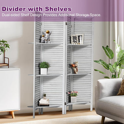 Room Divider with Shelves, 5.6FT Folding Room Divider Panel, 4 Panel Wood Partition Wall Divider for Room Separation, White