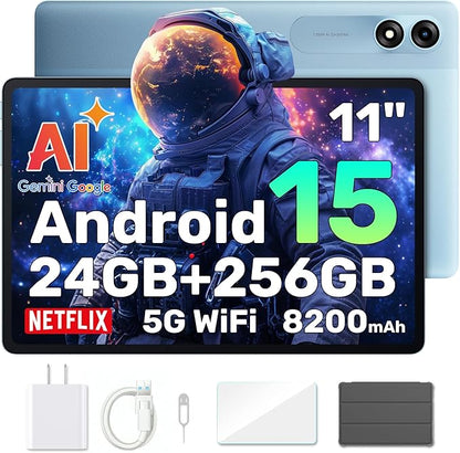 Blackview Android 15 Tablet with Gemini Ai, Android Tablet 11 inch with 24GB+256GB/2TB TF, 5G WiFi Tablets, Octa Core CPU, 8200mAh, 2K Incell Screen, 13MP+8MP Camaras/Face ID, Blue