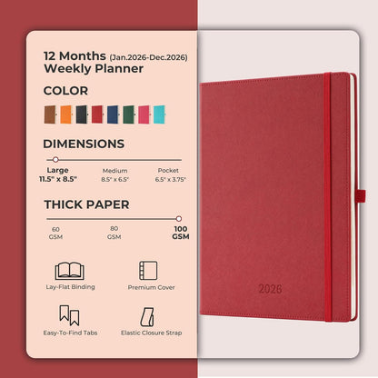 Weekly Monthly 2026 Planner (Jan.26-Dec.26),11.5"x8.5",12 Months Agenda Plan with Month Tabs & Pocket,Expenses/Note Pages, Appointment Book Calendar with Hardcover Vegan Leather Cover,Red