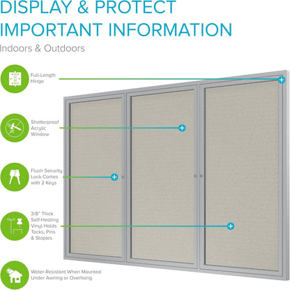 Ghent 36"x72" 3-Door Outdoor Enclosed Vinyl Bulletin Board, Shatter Resistant, with Lock, Satin Aluminum Frame - Ivory (PA33672VX-185), Made in the USA