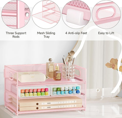 Subekyu 3 Tier Paper Letter Tray Organizer for Desk, Pink Metal Mesh File Folder Sorter Organizer with Handle and 1 PC Sliding Tray for Home Office School Desk Supplies Organization Storage