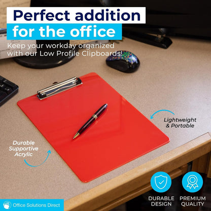 Red Plastic Clipboards (Set of 12) Multi Pack Clipboard - Strong 12.5 x 9 Inch | Holds 100 Sheets! Acrylic Clipboards with Low Profile Clip | Cute Aesthetic College School Supplies for Girls & Boys