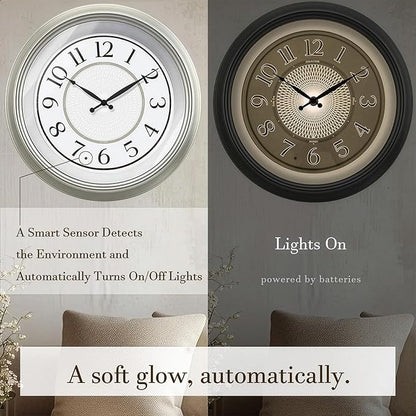 18" Large Galaxy Luminous Atomic Clock with Night Light, Lighted Wall Clocks for Bedroom or Livng Room Decor,Morning Silver Finish,House Warming Gifts New Home
