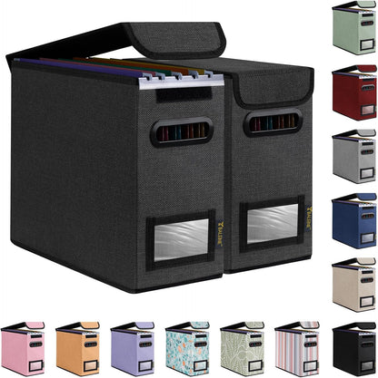 BALEINE File Organizer Box with Lid, Collapsible File Folder Organizer with Plastic Slide, Hanging File Folder Box for Office Document Storage (2 Pack, Black, S)
