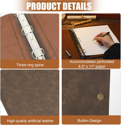 Leather 3 Ring Binder Holds 8.5 x 11 Inch Paper Binder Organizer Vintage Faux Leather Portfolio Folder Planner for Office Home Document Photo Diary Supplies(Vintage Brown)