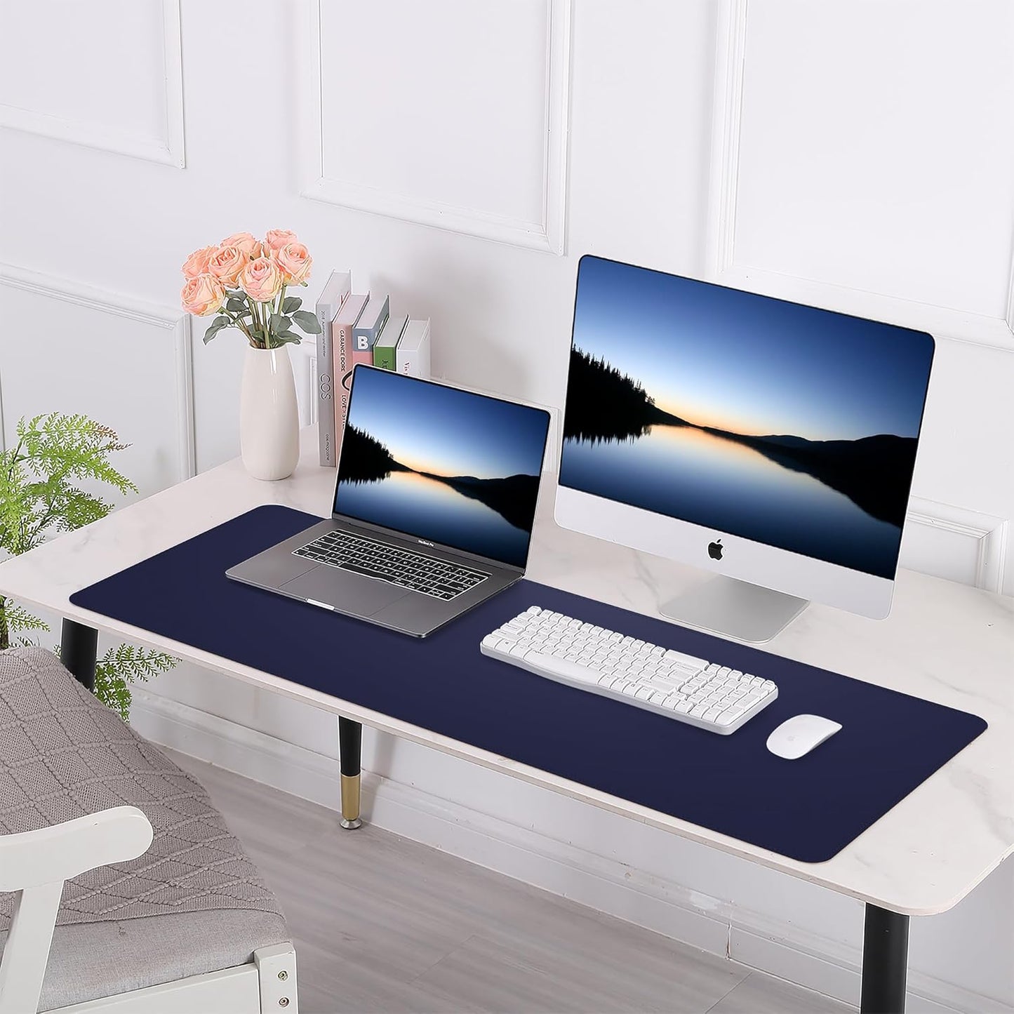 Leather Desk pad Protector, Large Desk mat with Natural Cork & PU Leather,Mouse pad,Non-Slip Office Desk Mat,Waterproof Desk Writing Pad for Office and Home (47in*23.7in, Blue)