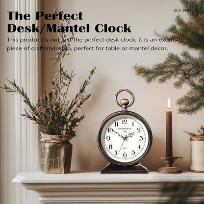 AYRELY® 7-Inch Vintage Mantel Clock with Handle,Antique Metal Desk Clocks Battery Operated,Retro Table Clock for Bedroom Living Room Shelf Farmhouse Fireplace Décor