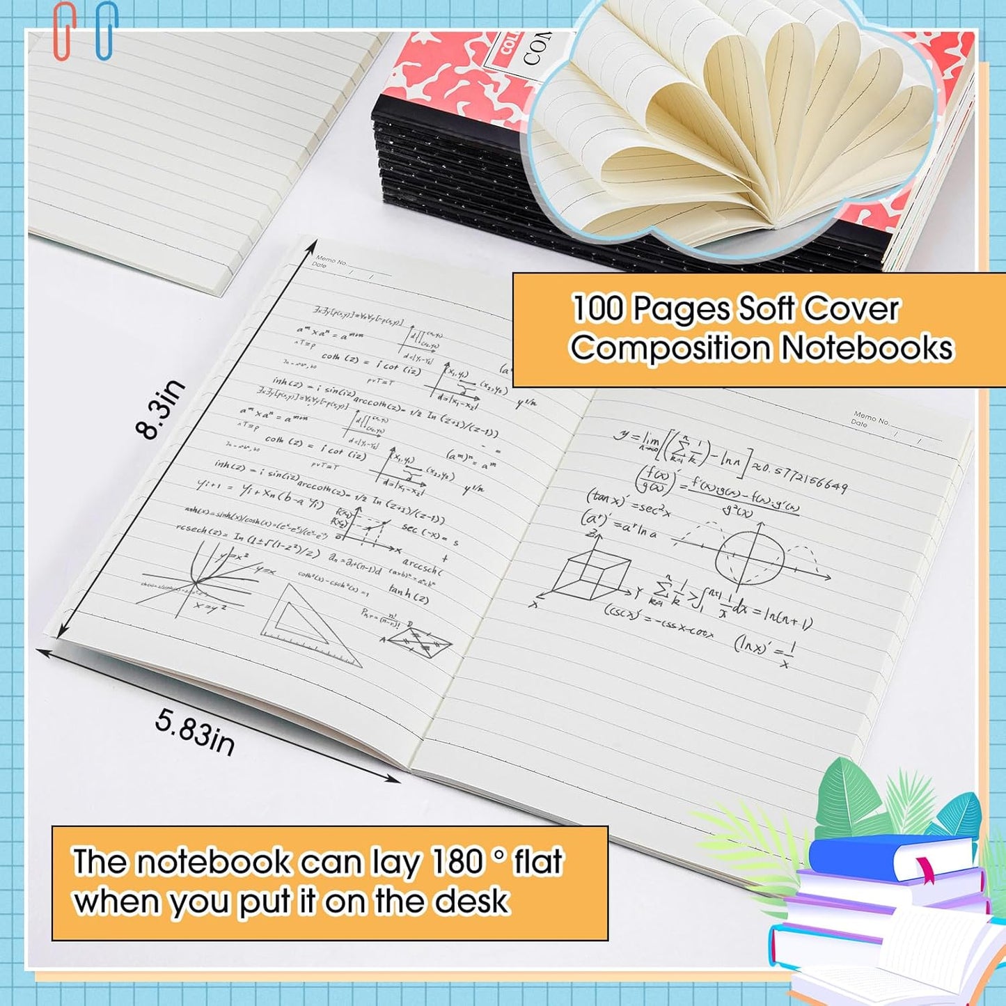 Fainne 100 Pack A5 Composition Notebooks Bulk College Ruled Composition Notebooks Marble Covers Notebook for Student Classroom Office Supplies 30 Sheet/60 Page(Light Color)