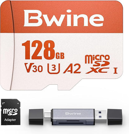 Bwine 128G Micro SD Card, Read Speed up to 100MB/s, 4K UHD Video Support, Compatible with Digital Camera, Drone, with 1 Reader & Adapter, Orange