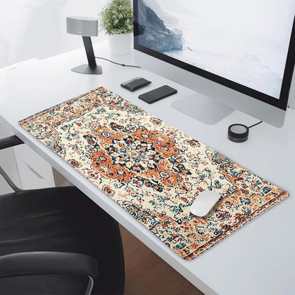 Vintage Rug Gaming Mouse Pad XXL Orange Teal Retro Carpet Aesthetic Extended Large Mat Bohemian Boho Mousepad Desk Pad Non-Slip Rubber Base Stitched Edge Flower Keyboard Pad for Computer,35.4x15.7 in