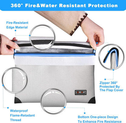 Waterproof Fireproof Document Bag - 5200°F with Heat Insulated, fireproof bags with Zipper, Fire Safe Envelope Bag for Cash/Important Documents/Valuables, 13.9"x10.6" fire proof money bag