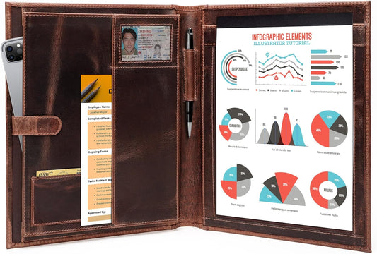 Leather Portfolio Binder, Professional Organizer Padfolio – Resume Folder, Business Card & Document Holder, Portfolios for Men & Women, Office & Business Supplies by Luxeoria | (Medium - Brown)