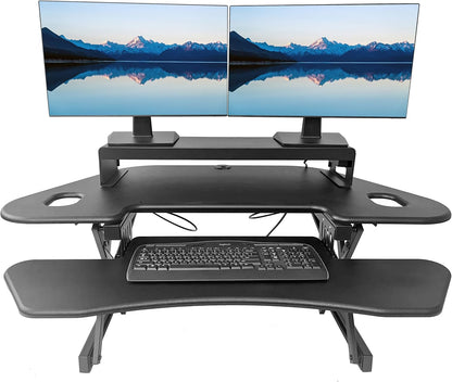 Rocelco 46" Height Adjustable Corner Standing Desk Converter with AC Outlet USB Charger and Dual Stand - Tabletop Computer Riser Workstation - Large Keyboard Tray - Black (R CADRB-46-ACUSB-DMS)
