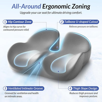 ZIKEE Car Seat Cushion for Driving with Cooling Gel, Ergonomic Memory Foam Seat Cushion for Car Provides Sciatica, Back, Tailbone Pain Relief and Intimate Ventilation, Anti-Slip & Breathable Cover