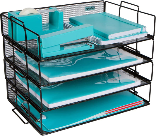 Stackable Paper Tray Desk Organizer, 4-Tier Metal Mesh Letter Organizers for Business, Home, School, or Store Use, Organizes Files, Folders, Letters, Paper, Binders, Multi-Functional Desktop Storage