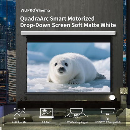 QuadraArc Motorized Drop Down Projector Screen 16:9 White Matt, Wall & Ceiling Mount, Electric Pull Down Screen with Remote Control, Compatible with All Projectors 133"