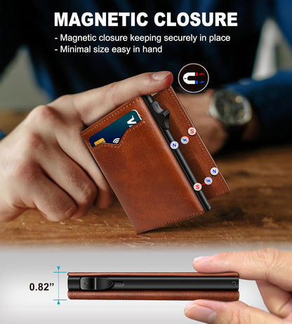 Wallet for Men,with Cash Pocket 2 ID Window 9-13 Cards,Metal Case Smart Slim Pop Up Credit Card Holder Flip with Magnetic Closure RFID Blocking Trifold wallet with Gift Box