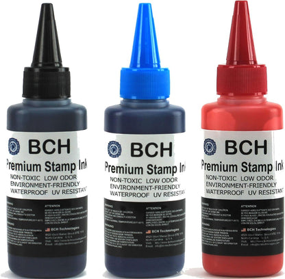 BCH Premium Stamp Ink Refill – Black, Blue & Red Ink Colors – Long-Lasting, Quick-Drying, Waterproof Ink Refill for Rubber & Self-Inking Stamps – 75 ml Each Bottle (225 ml Total)