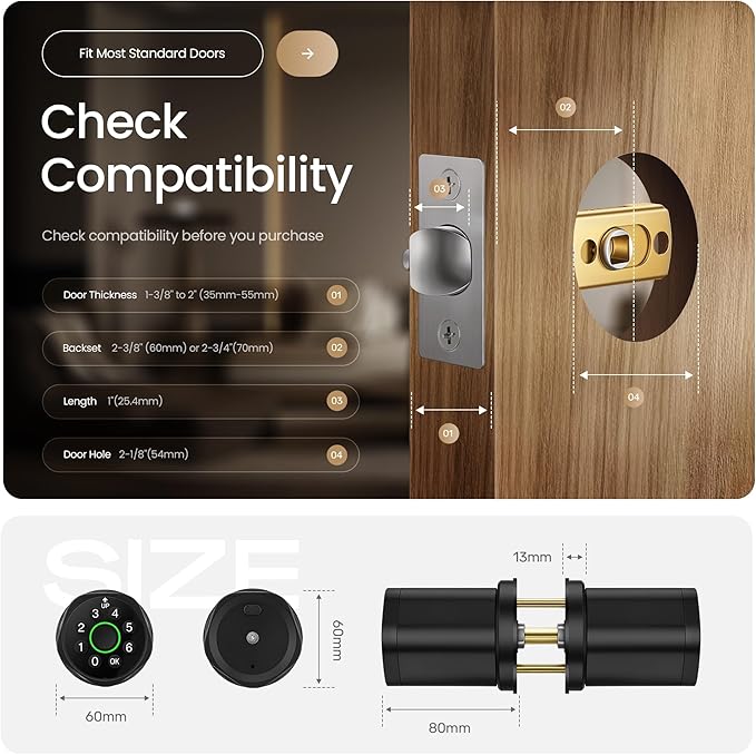Leydebong 4-in-1 Keyless Entry Door Lock with Fingerprint and Keypad - Smart Door Knob with App Control and Mechanical Key - Easy Installation Electronic Lock for Front Door in Matte Black