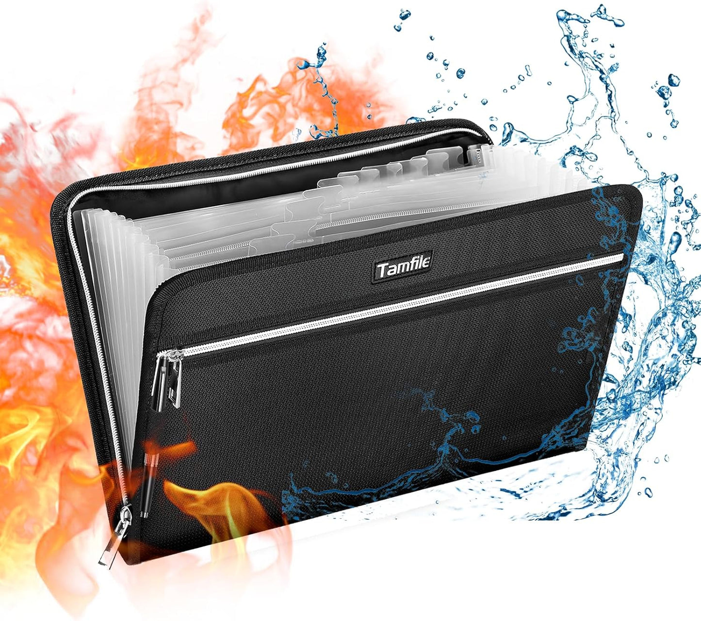 Fireproof Safe Accordion File Organizer Bag Folder,Waterproof Expanding Filing Folder with 14 Pockets, A4 Letter Size, Document Organizer Holder and Color Labels /2 Zipper (Black 14.3" x 9.8")