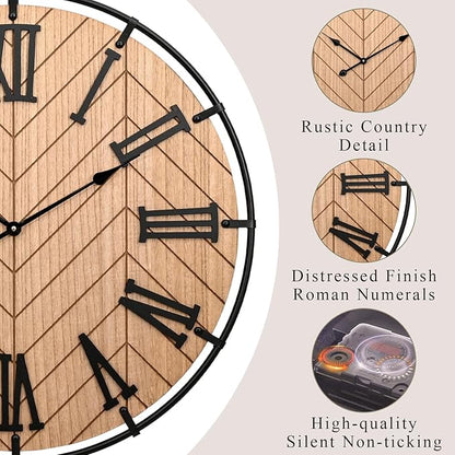 30 Inch Large Wooden Wall Clock – Extra Large FarmhouseWall Clock with 3D Roman Numerals & Herringbone Splicing, Brown Modern Wood Wall Clock for Living Room