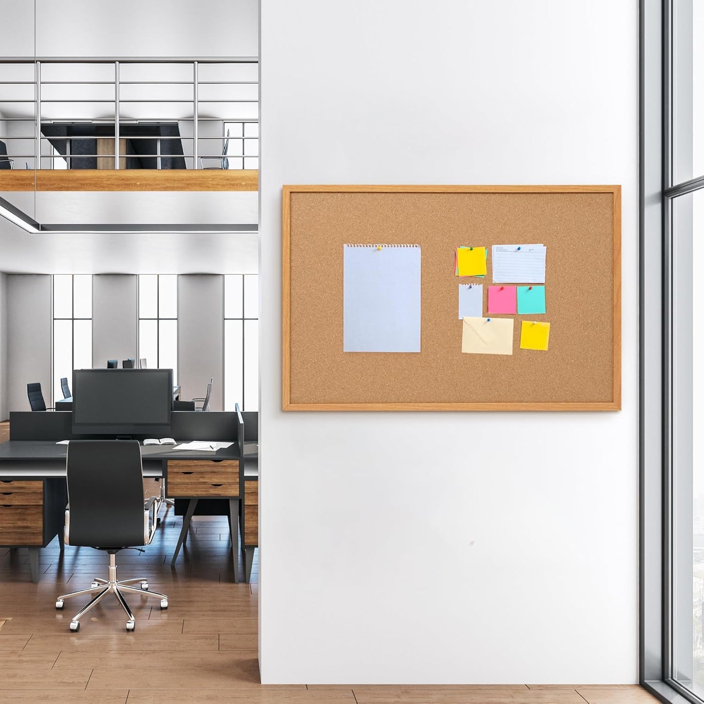 Board2by Cork Board Bulletin Board 24 x 36, Wood Framed Corkboards for Wall Decor, Hanging Office Message Board, Large Wall Mounted Notice Pin Board with 15 Push Pins for School, Home & Office