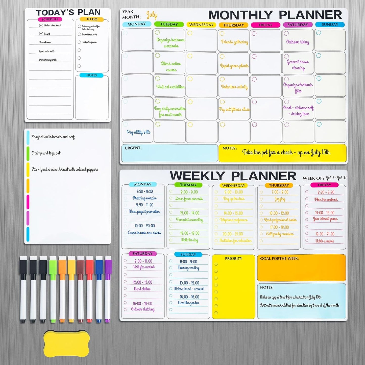 M&G Dry Erase Magnetic Fridge Calendar Set, 4 Pack- Monthly & Weekly & Daily Planner Whiteboard with 10 Markers and Eraser, Chore Chart for Refrigerator Wall Door, Family Schedule Planning Whiteboards