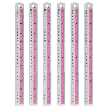 HARFINGTON 6pcs Metal Straight Ruler 30cm Metric SAE Aluminum Alloy Measuring Rulers Scale Tools with Hole for Measure Study Reading Classroom Office, Pink