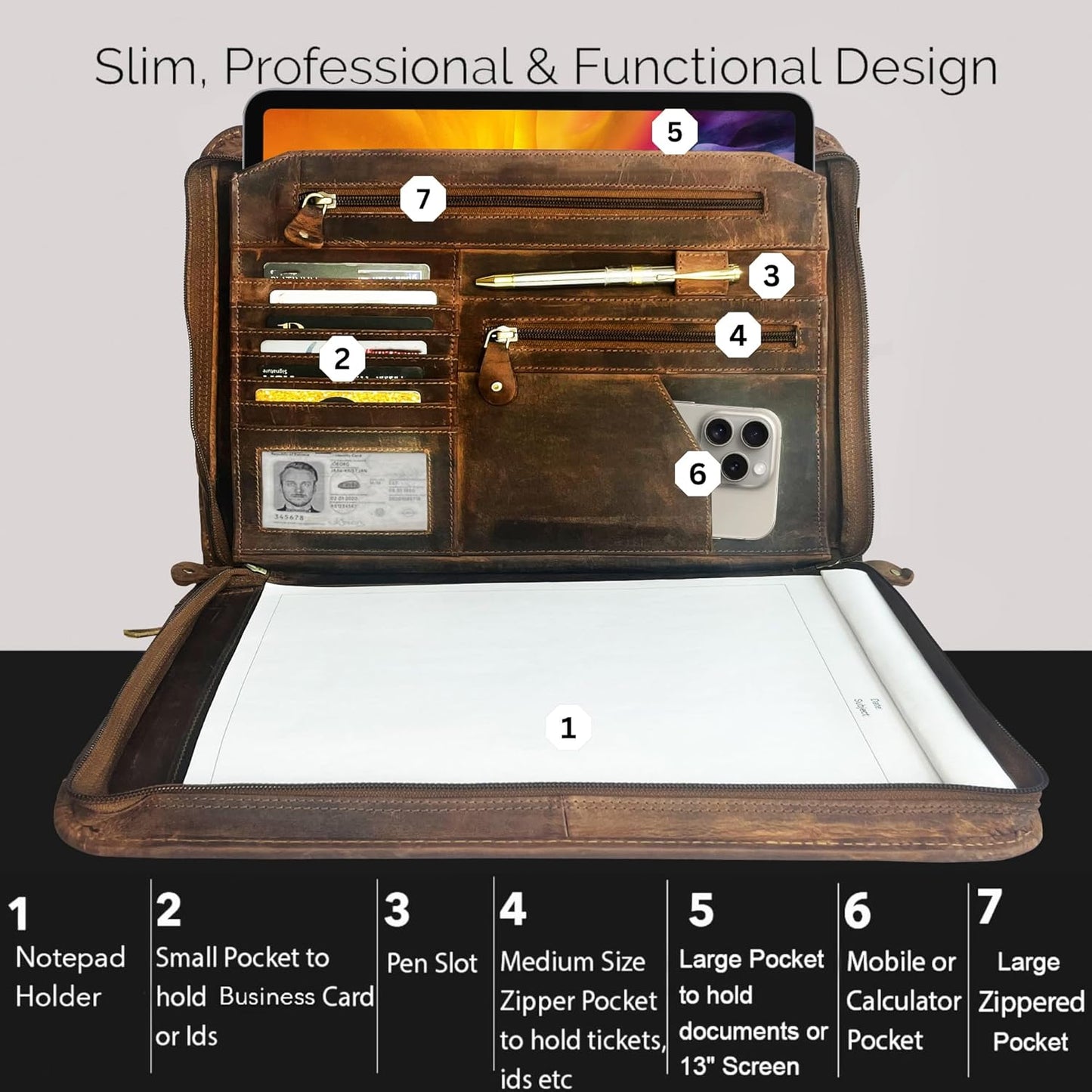 Business Leather Portfolio Leather Padfolio - Letter Pad Size Folder - iPad Organizer Folder Gift for Men and Women (Brown)