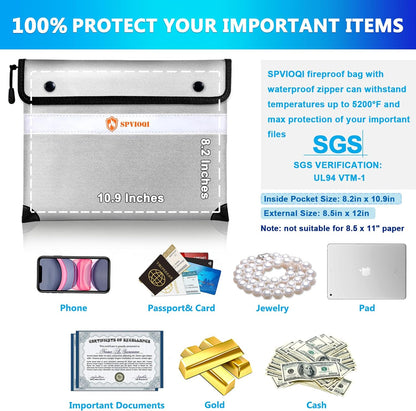 Upgraded 5200°F Fireproof Document Bag with Heat Insulated, Water Fire Proof Bag with Zipper,8 Layers of Functional Materials and Reflective Strip, Fireproof Money Bag for Cash/Documents/Valuables