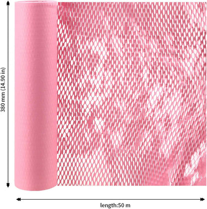 JAPCHET 15 In x 164 Ft Pink Honeycomb Packing Paper, Honeycomb Paper with Sticker Labels and 10 m Rope Honeycomb Wrap Roll for Packaging and Shipping