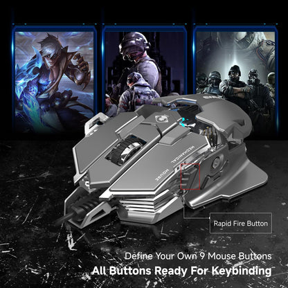 EWEADN G5 Wired Gaming Mouse, Ergonomic RGB Computer Mouse, 12800 Adjustable DPI, 9 Programmable Macro Buttons with Rapid Fire Key Compatible for PC/Laptop/Windows-Grey&White