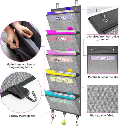 homyfort Over the Door hanging File Organizer, Weekly Hanging File Folders, Wall Organizers and Storage for Mail, Magazine, Notebooks, Office, Classroom, 5 Large Pockets, 50.39” Tall, Grey