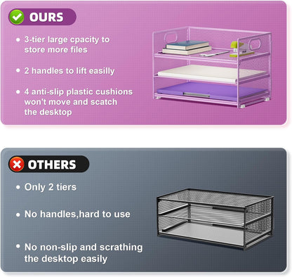 Marbrasse 3 Tier Paper Organizer Letter Tray, Mesh File Organizer with Handle, Paper Sorter Desk Organizer for Home Office Supplies - 2p Purple