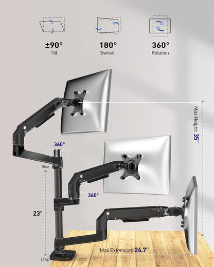 Triple Monitor Mount, Holds Screens up to 40 Inches and 25 lbs, Fully Adjustable 3 Monitor Desk Mount with C-Clamp and Grommet Base, Aluminum, Black