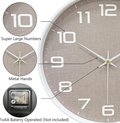 Modern Wall Clocks Battery Operated, 12 inch Silent Non Ticking Analog Clock with Large Numbers Burlap Texture Face, Tempered Glass Decorative Wall Clocks for Living Room Bedroom Kitchen Gym