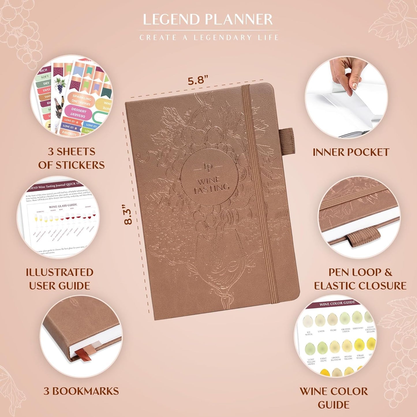 Legend Wine Tasting Journal – Wine Guide & Diary – Unique Accessories & Gifts for Wine Lovers, Women & Men, Eco Leather Notebook (Dark Terraсotta)
