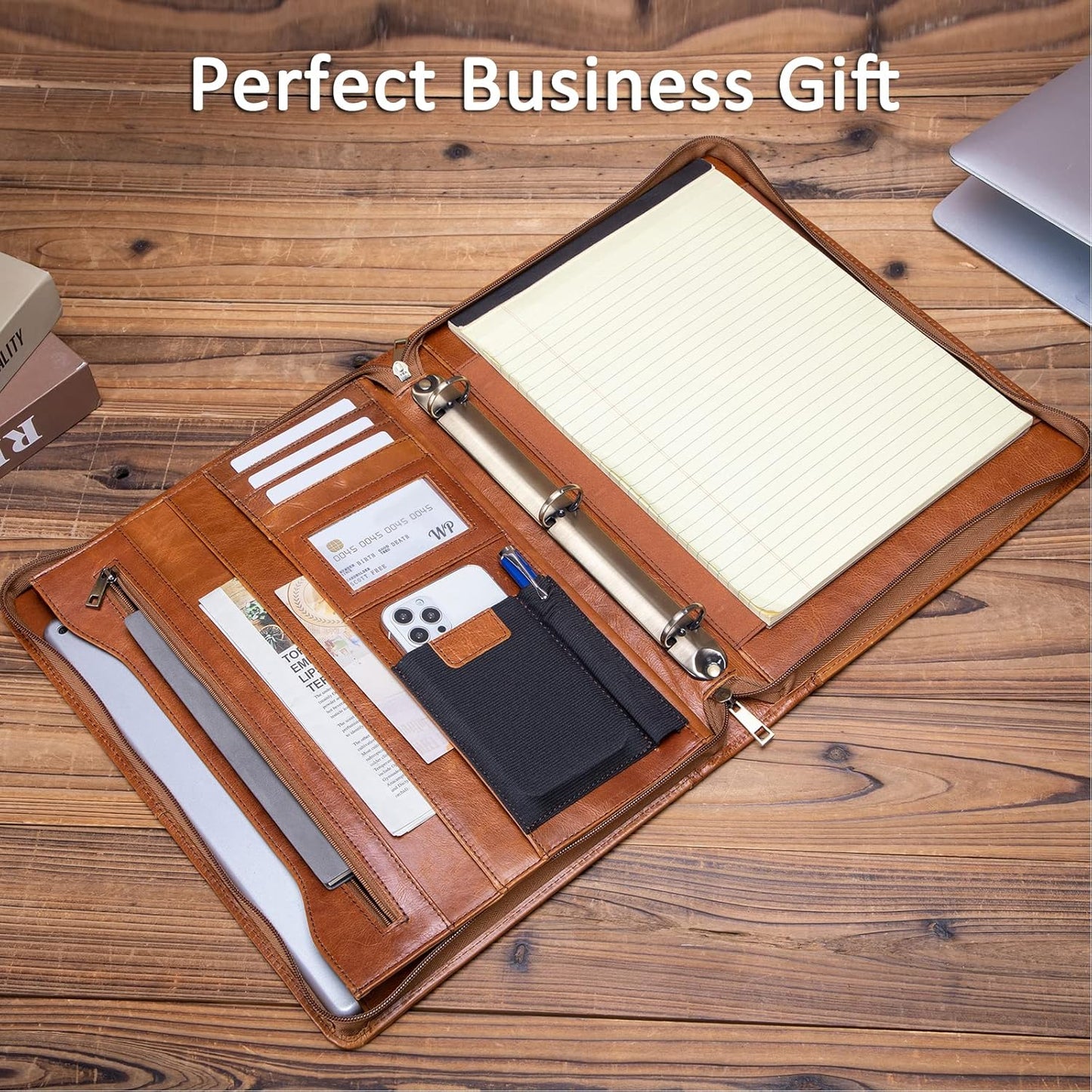 Personalized Genuine Leather Portfolio with 3 Ring Binder, Full Grain Leather Padfolio Zippered, A4 Notebook Holder Customized Professional Folder Organizer Gift for Men and Women, Oil Tanned