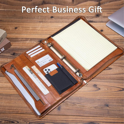 Personalized Genuine Leather Portfolio with 3 Ring Binder, Full Grain Leather Padfolio Zippered, A4 Notebook Holder Customized Professional Folder Organizer Gift for Men and Women, Oil Tanned