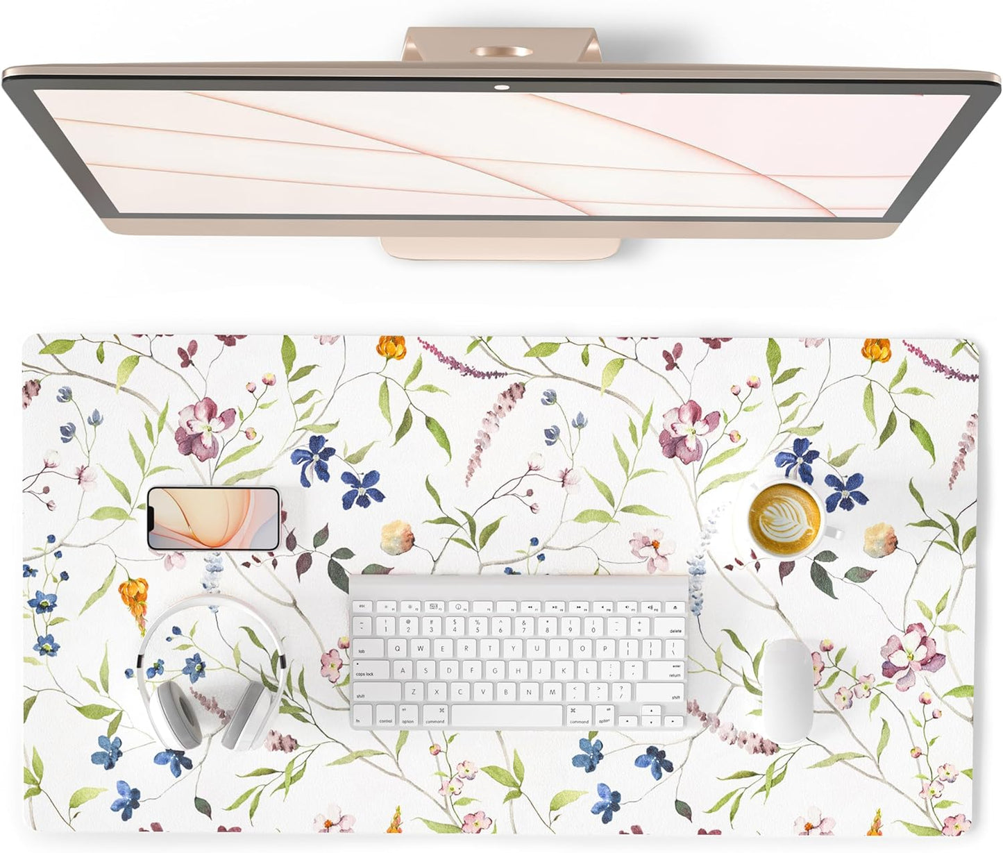 QIYI Floral Mouse Pad, Large Desk Mat for Desktop, Women Girls Watercolor Flowers Office Décor Desk Accessories, PU Leather Waterproof Gaming Mousepad, Wildflowers Desk Pad Computer Mat, 31.5" x 15.7"