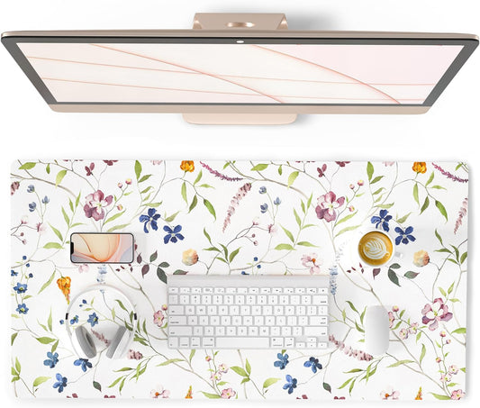 QIYI Floral Mouse Pad, Large Desk Mat for Desktop, Women Girls Watercolor Flowers Office Décor Desk Accessories, PU Leather Waterproof Gaming Mousepad, Wildflowers Desk Pad Computer Mat, 31.5" x 15.7"
